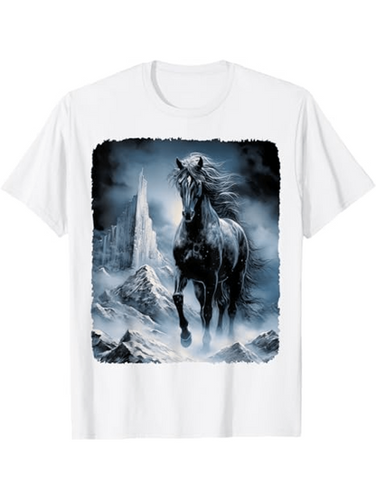 Men's Graphic T-Shirt Mystical Mountain Landscape With Galloping Black Horse Amid Fog