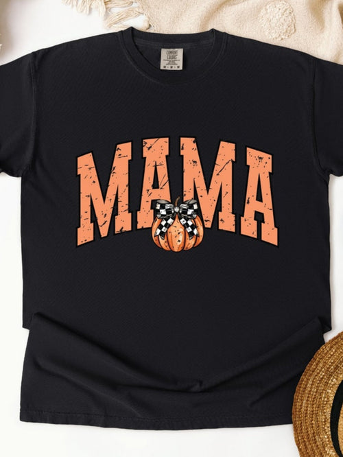 Women's Graphic T-Shirt Bow Tied Pumpkin With Polka Dot Band Surrounded By MAMA Letters