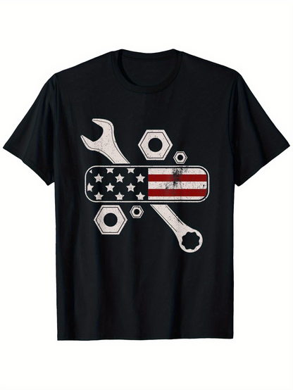 Men's Graphic T-Shirt American Flag Patterned Wrenches Surrounded By Nuts On Black T Shirt