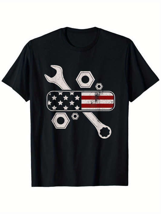Men's Graphic T-Shirt American Flag Patterned Wrenches Surrounded By Nuts On Black T Shirt