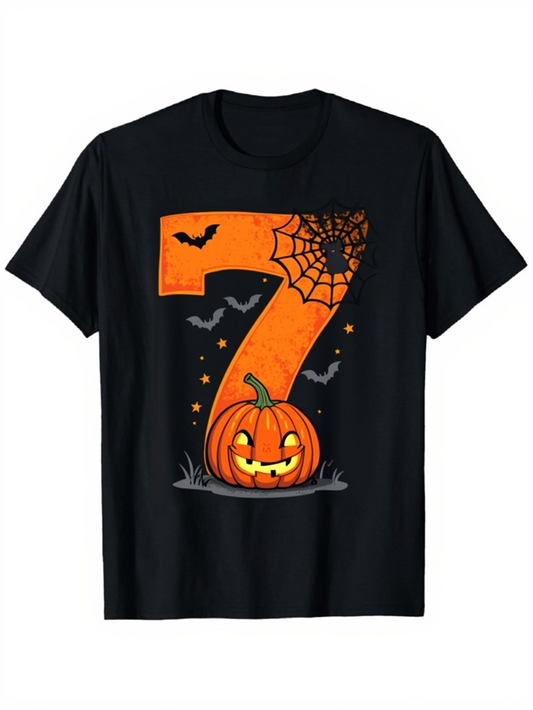 Men's Graphic T-Shirt Halloween Pumpkin With Spooky Bats Spider Web And Glowing Night Number