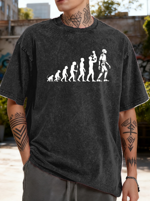 Men's Graphic T-Shirt Progressing From Ape Through Humanoid Evolving Toward Futuristic Robot Figure
