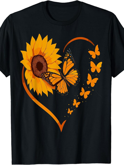 Men's Graphic T-Shirt Sunflower Shaped Heart With Flying Monarch Butterflies Under Summer Sky