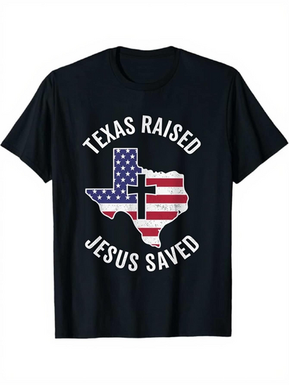 Men's Graphic T-Shirt Texas Raised Jesus Saved Bold State Outline Among American Flag Cross Graphic Texas