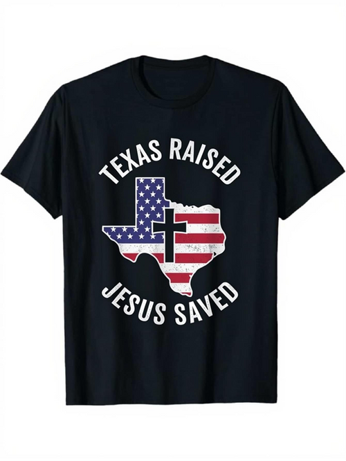 Men's Graphic T-Shirt Texas Raised Jesus Saved Bold State Outline Among American Flag Cross Graphic Texas