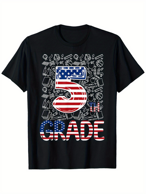 Men's Graphic T-Shirt American Flag Stars With Doodles Surrounding The Bold Number Five Grade