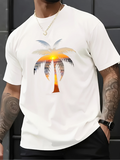 Men's Graphic T-Shirt Golden Sunset Reflected Through Swaying Palm Tree Silhouette