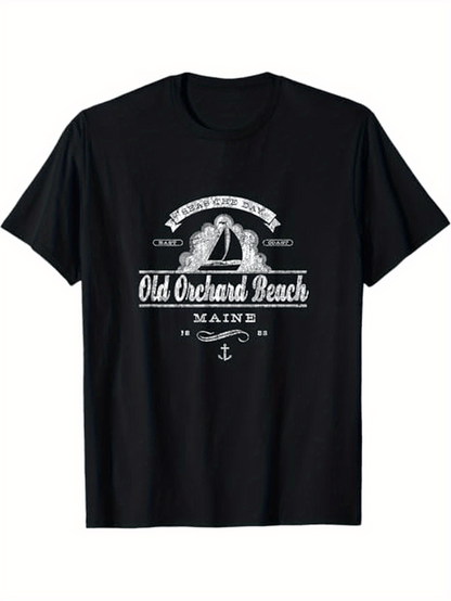 Men's Graphic T-Shirt Old Orchard Beach Vintage Sailboat Wave Crest Maine Anchor T Shirt