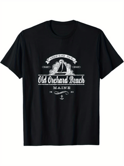 Men's Graphic T-Shirt Old Orchard Beach Vintage Sailboat Wave Crest Maine Anchor T Shirt