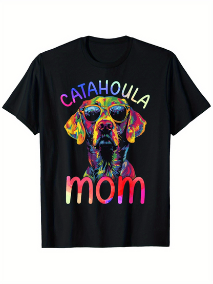 Men's Graphic T-Shirt Catahoula Mom Vibrant Neon Rainbow Paint Splash With Dog Wearing Sunglasses