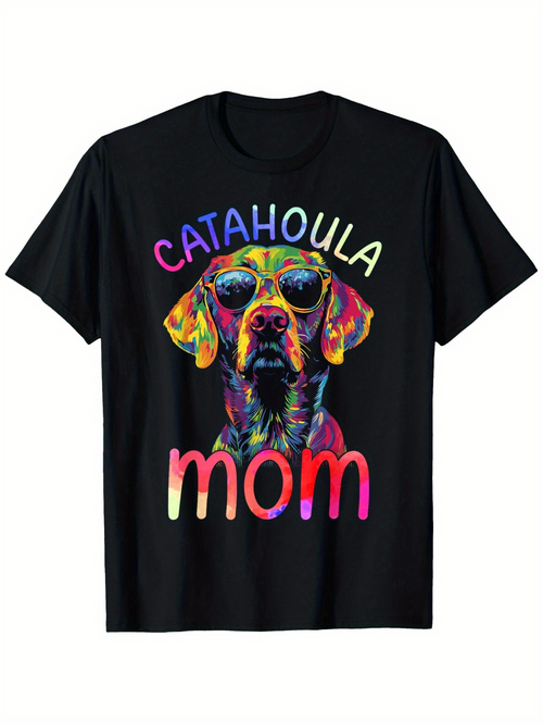 Men's Graphic T-Shirt Catahoula Mom Vibrant Neon Rainbow Paint Splash With Dog Wearing Sunglasses