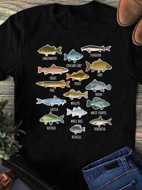 Men's Graphic T-Shirt Colorful Watercolor Illustration With Freshwater Fish Species Underwater Fish
