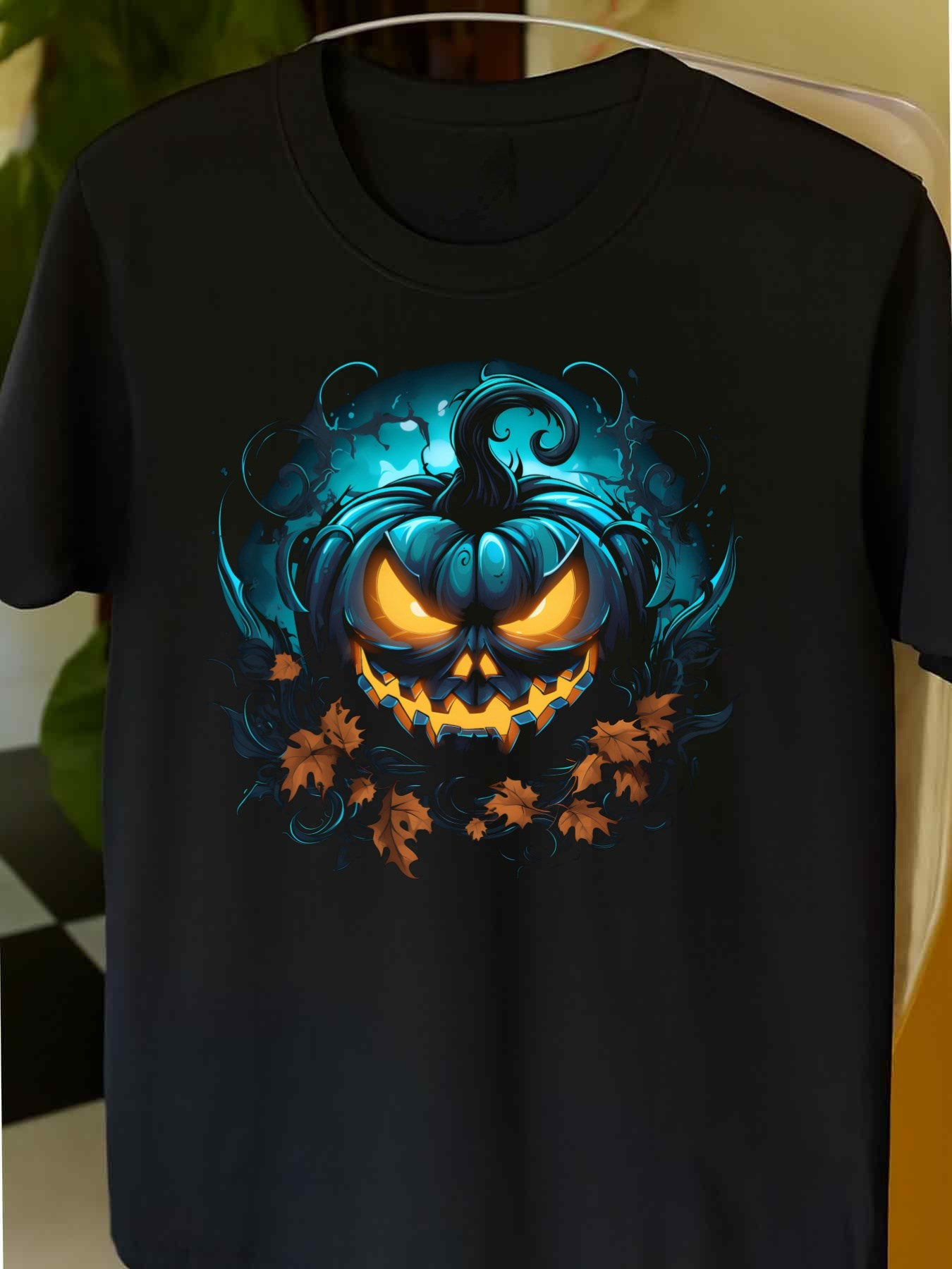 Men's Graphic T-Shirt Glowing Blue Fire With Autumn Leaves Surrounding A Grinning Pumpkin