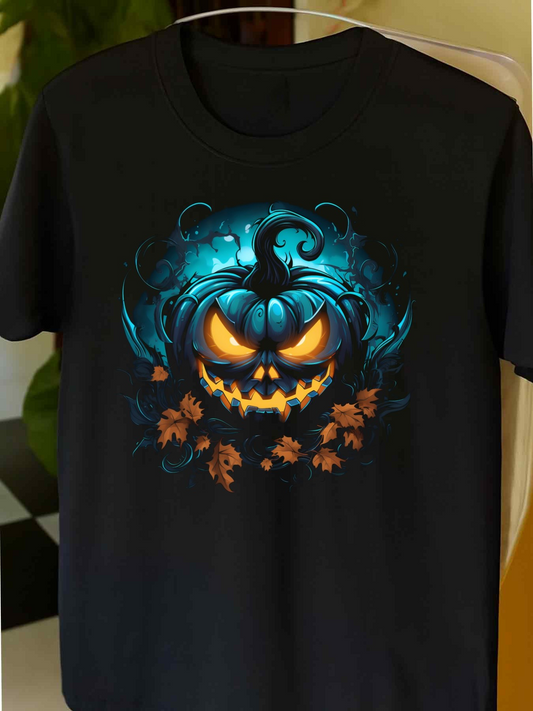 Men's Graphic T-Shirt Glowing Blue Fire With Autumn Leaves Surrounding A Grinning Pumpkin