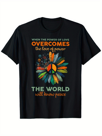 Men's Graphic T-Shirt Colorful Flowers Surrounding Peace Symbol On Black T Shirt