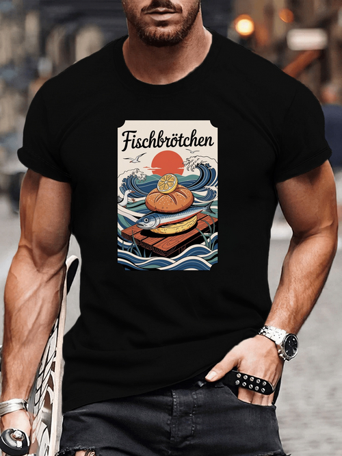 Men's Graphic T-Shirt Sunset Over Rolling Waves With Fresh Fish Sandwich