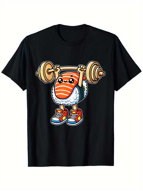 Men's Graphic T-Shirt Playful Cartoon Sushi Lifting Weights With Bright Sneakers Under Smiling Face
