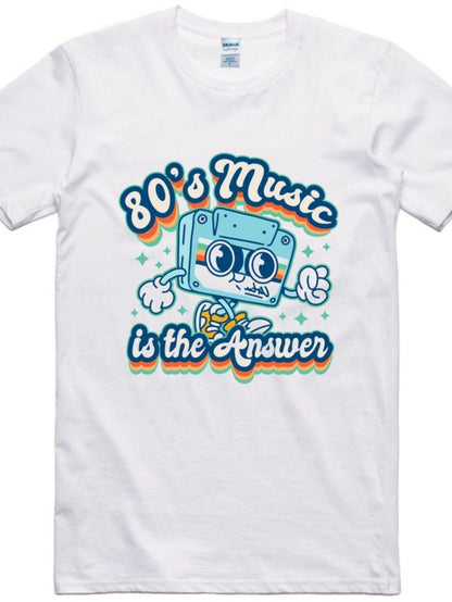 Men's Graphic T-Shirt 80s Music Is The Answer With Retro Cassette Character Among Sparkling Stars