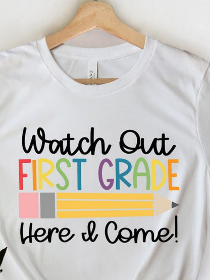 Women's Graphic T-Shirt Watch Out First Grade Here I Come Colorful Pencil Drawing Shirt