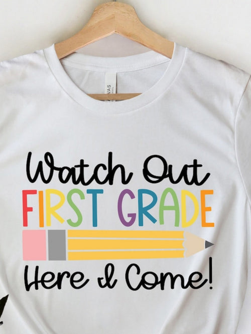 Women's Graphic T-Shirt Watch Out First Grade Here I Come Colorful Pencil Drawing Shirt