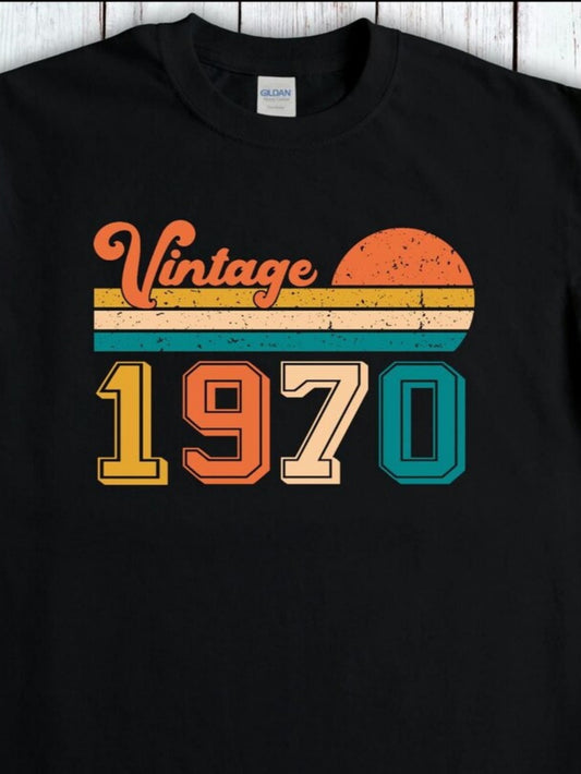 Men's Graphic T-Shirt Vintage Retro Colored Stripes With Sunset And Year 1970