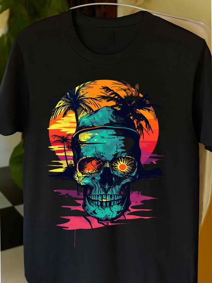 Men's Graphic T-Shirt Psychedelic Tropical Sunset Reflections With Palms And Ocean Surrounding Skull