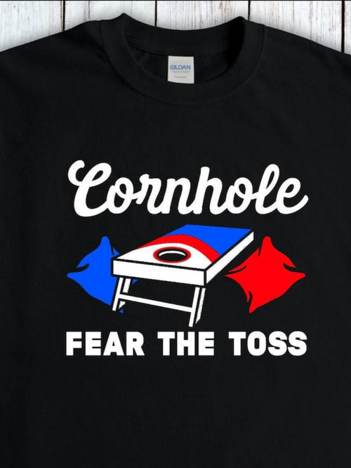 Men's Graphic T-Shirt Cornhole Fear The Toss With Red And Blue Beanbags Game Board