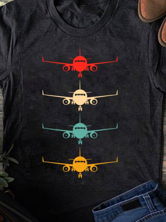 Men's Graphic T-Shirt Vintage Colorful Aviation Art With Multicolored Jet Airplanes Aircraft