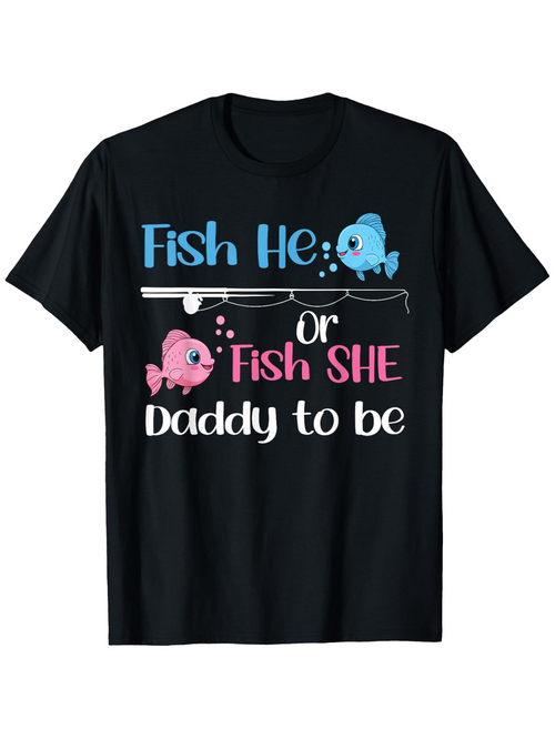 Men's Graphic T-Shirt Fish He Or Fish She Daddy To Be With Pink And Blue Cartoon Fish Underwater Scene