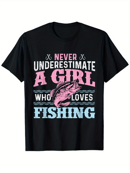 Men's Graphic T-Shirt Never Underestimate A Girl Who Loves Fishing With Pink Decorative Fish Artwork