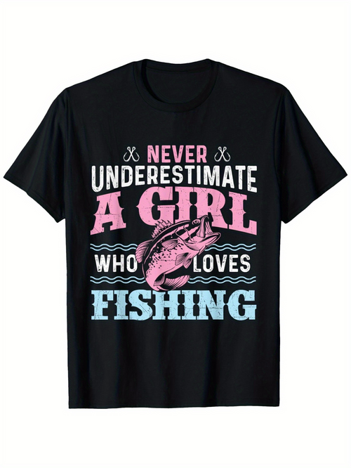 Men's Graphic T-Shirt Never Underestimate A Girl Who Loves Fishing With Pink Decorative Fish Artwork