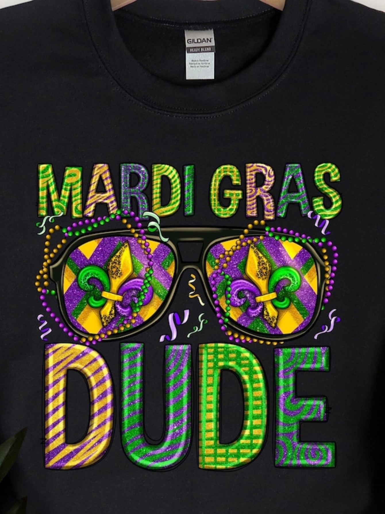 Men's Graphic T-Shirt Mardi Gras Dude Glittering Patterned Sunglasses With Fleur De Lis Design