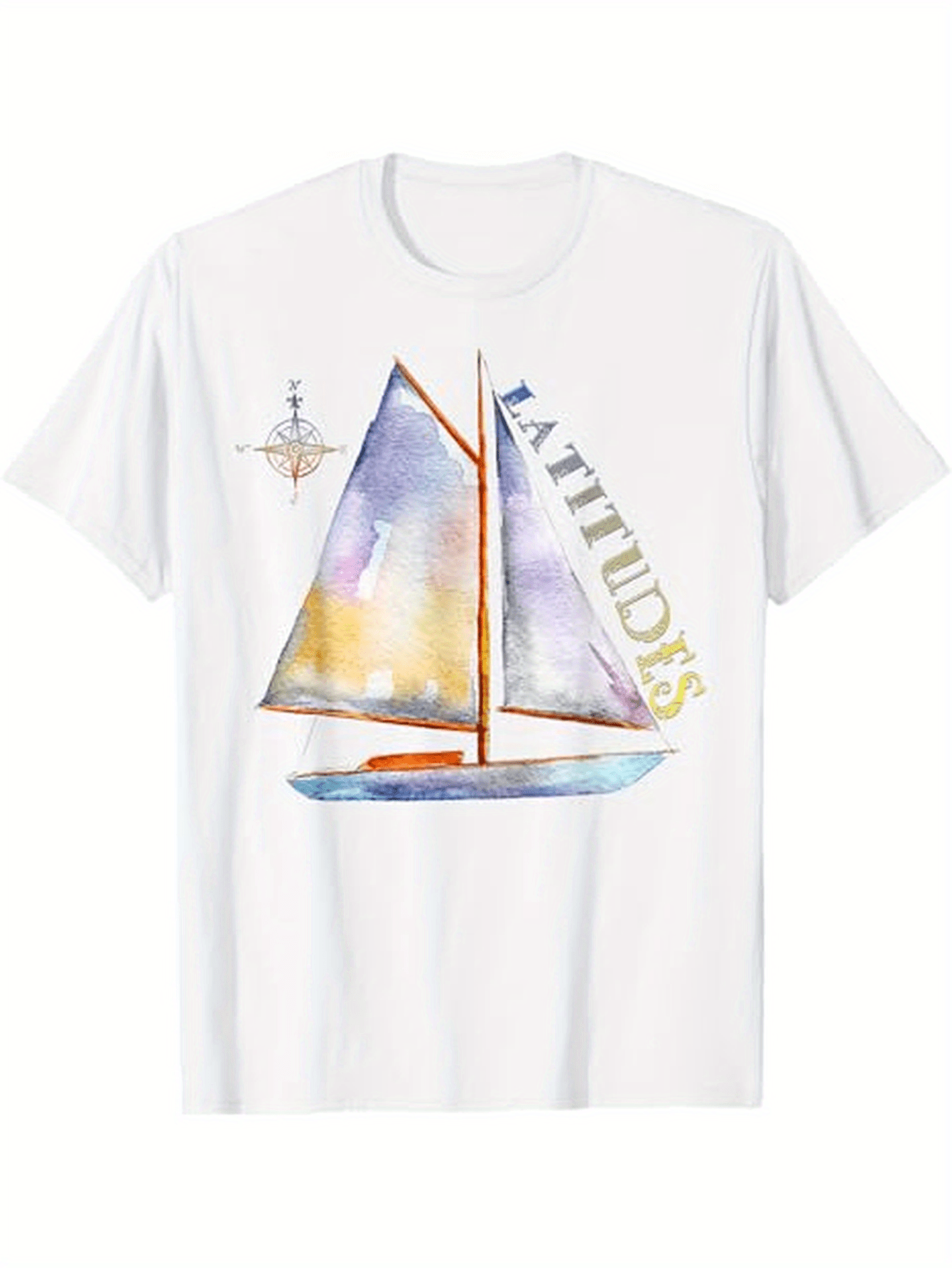 Men's Graphic T-Shirt Latitude Pastel Watercolor Sailboat And Compass Rose Nautical Boat