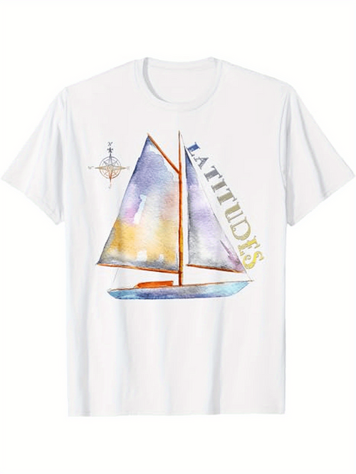 Men's Graphic T-Shirt Latitude Pastel Watercolor Sailboat And Compass Rose Nautical Boat