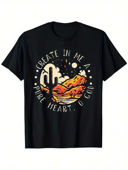 Men's Graphic T-Shirt Create In Me A Pure Heart O God Desert Landscape With Moonlit Sky Rocky Mountains And Cactus