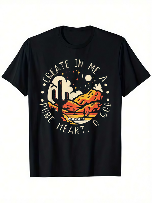 Men's Graphic T-Shirt Create In Me A Pure Heart O God Desert Landscape With Moonlit Sky Rocky Mountains And Cactus
