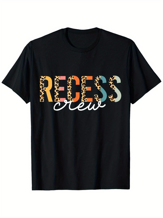 Men's Graphic T-Shirt Recess Crew Retro Leopard And Colorful Letters With Playful Energy Typography
