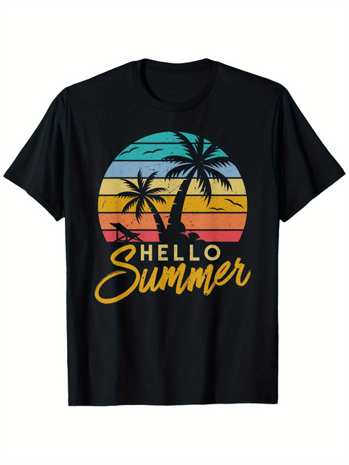 Men's Graphic T-Shirt Hello Summer Retro Sunset With Palm Trees Silhouetted On A Beach