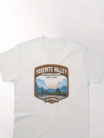 Men's Graphic T-Shirt Yosemite Valley Scenic Skyward Pines Beneath Distant Blue Mountains Patch