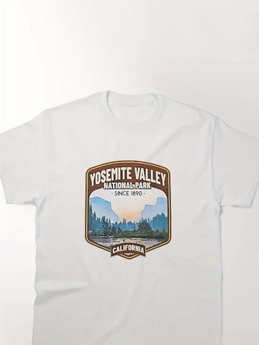 Men's Graphic T-Shirt Yosemite Valley Scenic Skyward Pines Beneath Distant Blue Mountains Patch