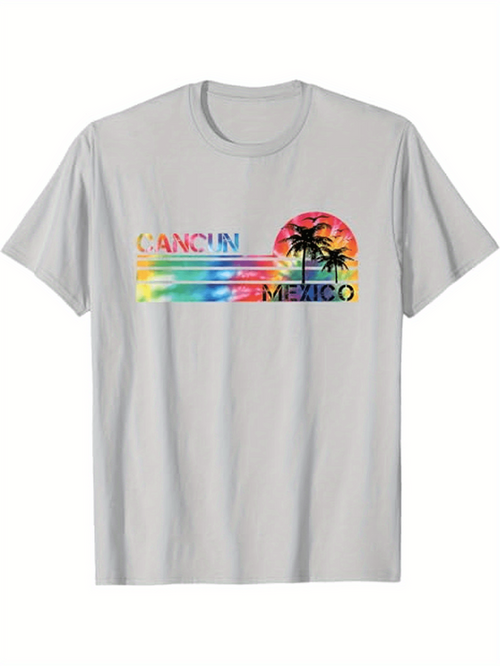 Men's Graphic T-Shirt Cancun Mexico With Vibrant Sunset Colors Palm Trees And Ocean Horizon T Shirt