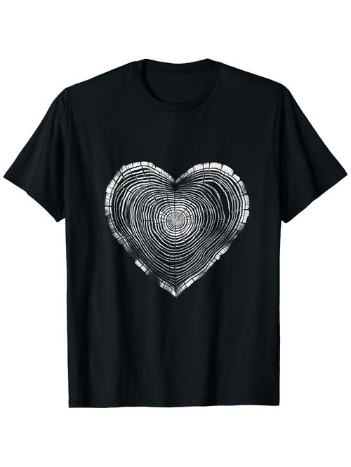 Men's Graphic T-Shirt Concentric Tree Rings In A Heart Shape On Black Shirt