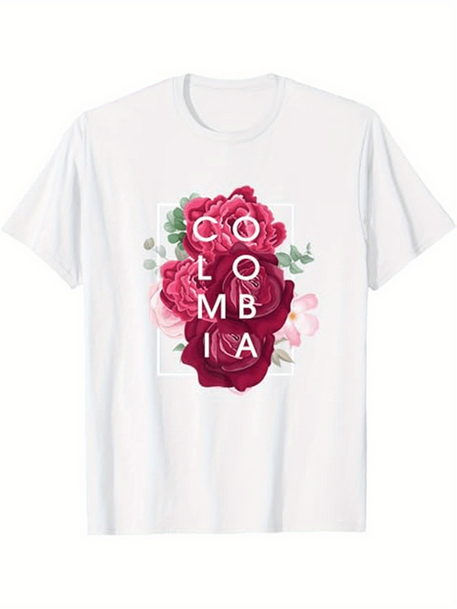 Men's Graphic T-Shirt Colombia Bold Red Roses With Greenery In Soft Watercolor Floral Design Flower