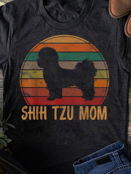 Men's Graphic T-Shirt Shih Tzu Mom Retro Striped Sunset Silhouette With Standing Loyal Dog