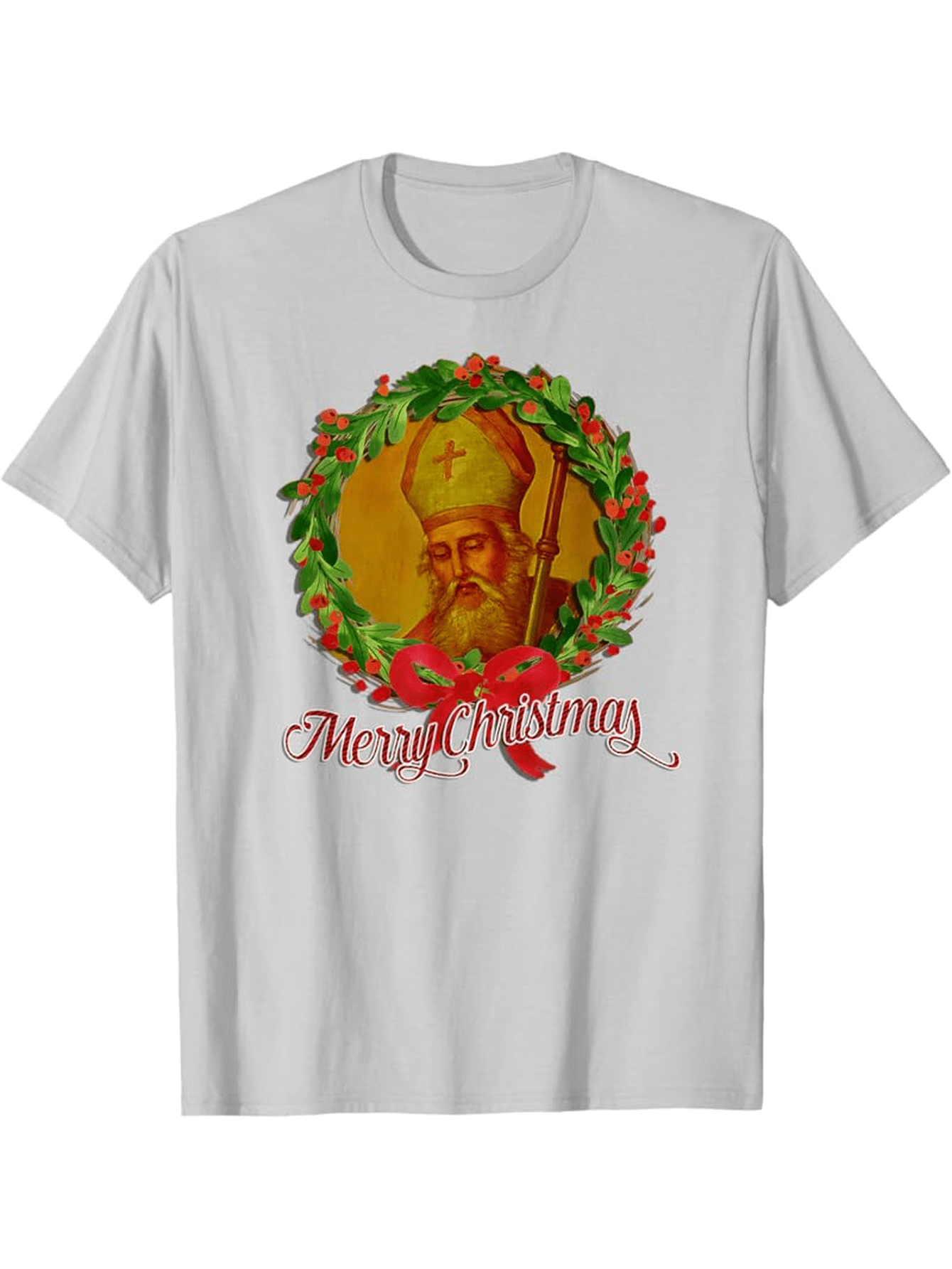 Men's Graphic T-Shirt Merry Christmas Festive Holiday Wreath With Classic Saint Portrait