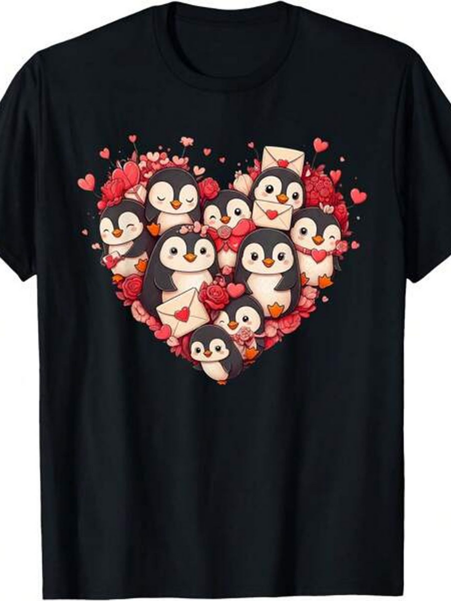 Men's Graphic T-Shirt Adorable Penguins With Envelopes Surrounded By Hearts In Heart Shape
