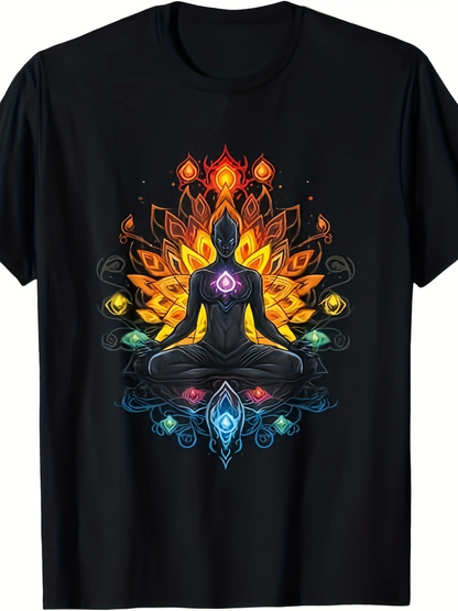 Men's Graphic T-Shirt Radiant Energy Mandala With Vibrant Chakra Patterns Surrounding Meditating Human Figure
