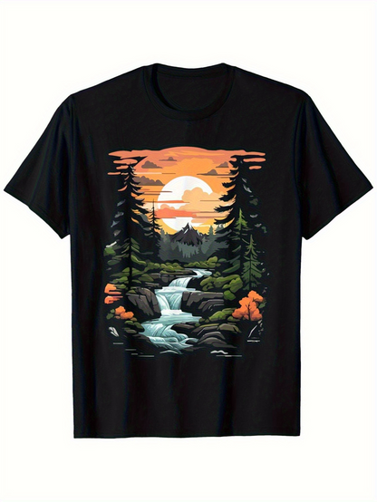 Men's Graphic T-Shirt Golden Sunset With Flowing River Pine Trees And Serene Mountain Landscape