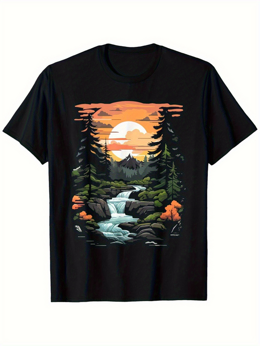 Men's Graphic T-Shirt Golden Sunset With Flowing River Pine Trees And Serene Mountain Landscape