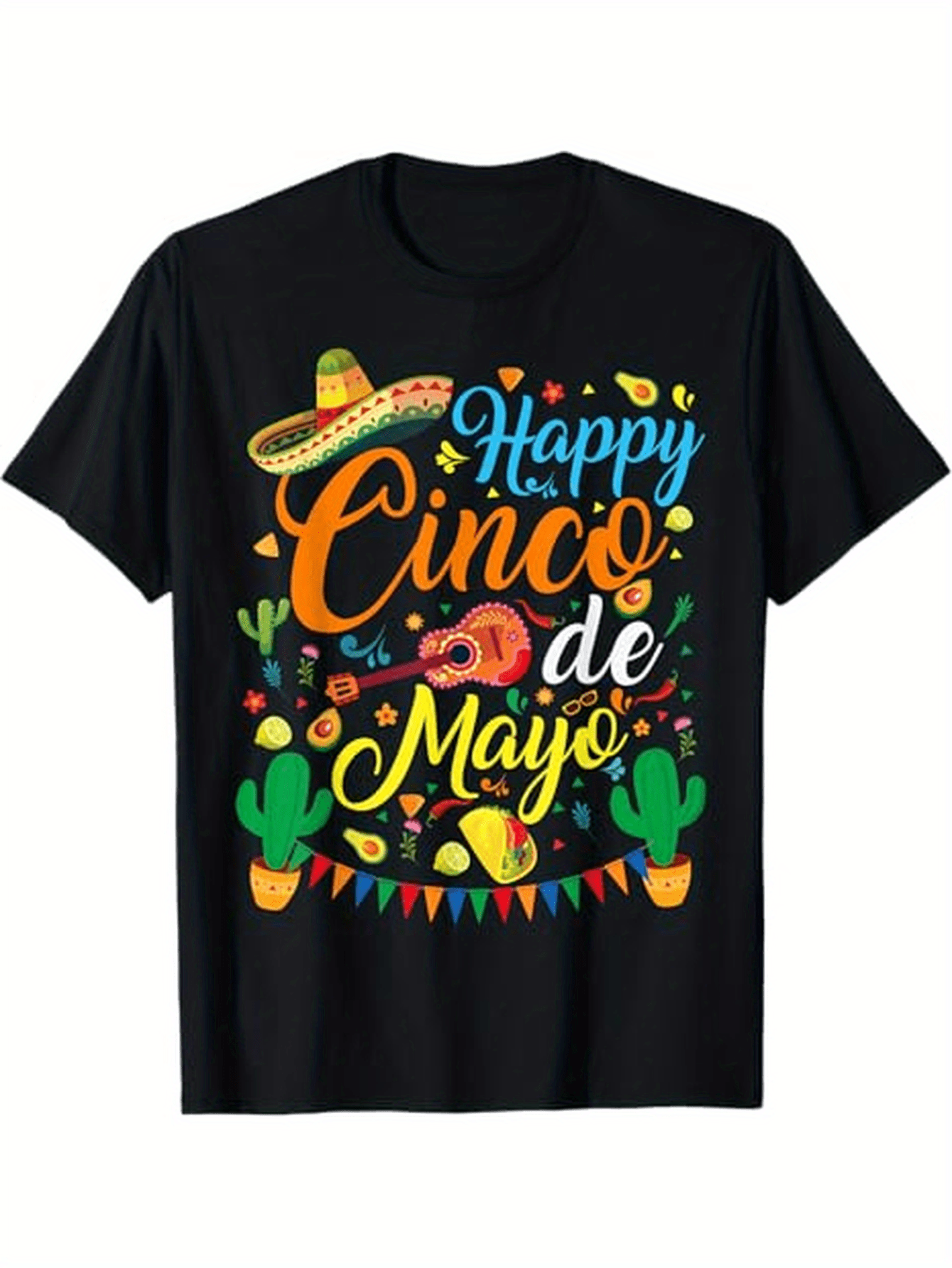 Men's Graphic T-Shirt Happy Cinco De Mayo With Sombrero Guitar And Cactus Surrounded By Colorful Festive Confetti